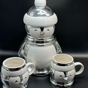 Slatkin & Co "PENGUIN" Silver White Ceramic ~ (1) Cookie Jar, (2) Mugs
